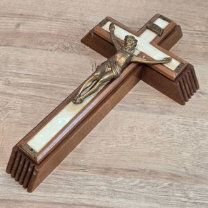 Vintage Wooden Crucifix Sliding Last Rights/Sick Crucifix Bronze tone Jesus 13"
